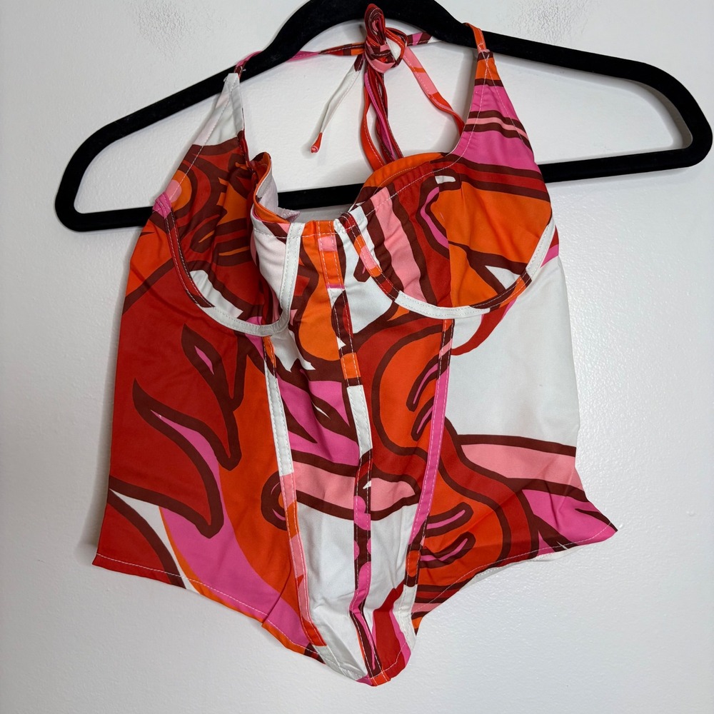 PrettyLittleThing Multi Floral Printed Corset Halter Top Womens Size 2 NWT